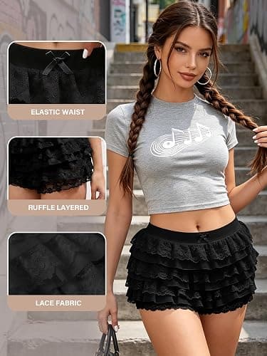 Women Y2K Lace Multi-Layered Bloomers Lolita Ruffle Shorts Cute Mini Skirt | Tiered layers, elastic waist, pumpkin pants, for rave party/country concert/festival thumbnail 6