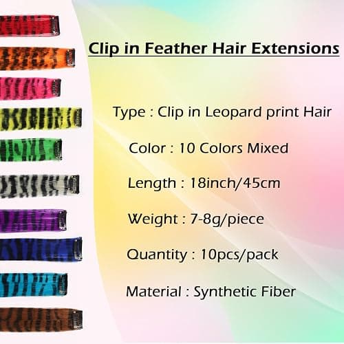 EXTACIO 10pcs/pack Raccoon Tail Hair Extensions Synthetic Clip in Leopard print Hair piece 18inch Long Straight Colorful striped Hairpieces Halloween Party Cosplay Y2K Use for Women Girls thumbnail 2