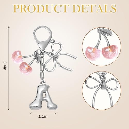 Snycler Bubble Initial Keychain with Bow & Cherry - Silver Letter Bag Charms for Women, Cute Purse Handbag Accessories thumbnail 2