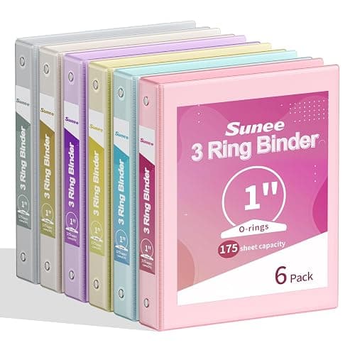SUNEE 1 Inch Binders 3 Ring 6 Pack, Clear View Three Ring Binders PVC-Free (Fit 8.5x11 Inches) for School or Office Supplies, Pastel Binder - Image 1