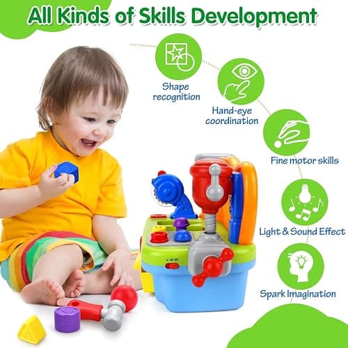 ORWINE Toys for 1 Year Old Boy, Musical Toddler Tool Bench, Montessori Educational Toys with Sound Lights Effect, Shape Sorter, One Year Old Boy Birthday Gift, Engineer Pretend Play Workbench thumbnail 4