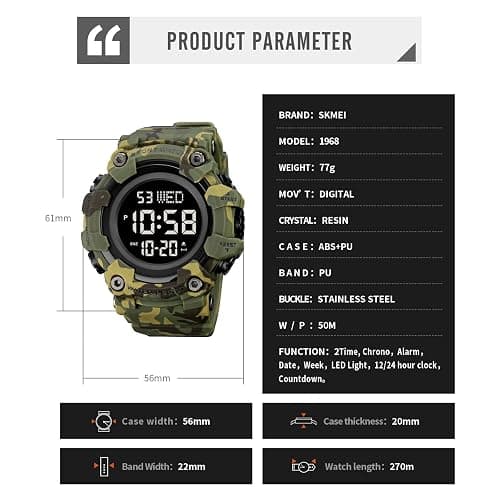 Gosasa Men Sport Watch Countdown Stopwatch Watch Mens Wrist Watch Waterproof LED Electronic Digital Male Watch 12/24 Hour Multifunctional Watch thumbnail 6