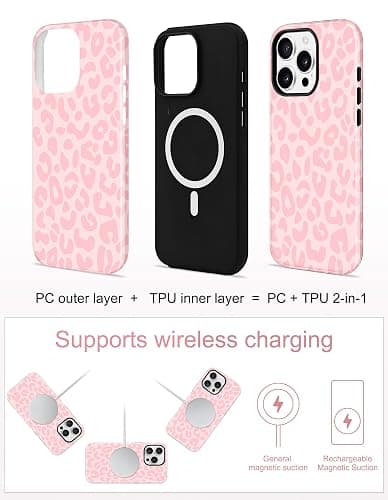 Jusy Magnetic Cheetah Phone Case for iPhone 13/14,Pink Leopard | Compatible with MagSafe,Cute Aesthetic Tortoise Shell Design,TPU and PC Protective Shockproof Cover thumbnail 4