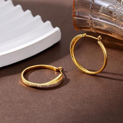 14K Gold Earrings for Women 20mm/25mm/30mm Gold Hoop Earrings Gold X-shaped Huggie Earrings thumbnail 4