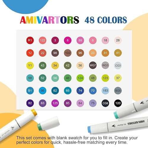 AMIVARTORS Alcohol Markers Brush Tip, 48 Colors Dual-Tip Artist Markers, Brush & Chisel, 3.5g Large-Capacity Ink, with Kickstand Case, For Adult Coloring, Sketching, Design, Comics and Gifts thumbnail 6