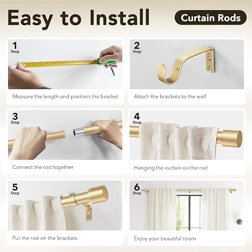 IFELS Heavy Duty Curtain Rods for Windows 66 to 120 Inch, 1 Inch Gold Curtain Rod Adjustable, Decorative Long Curtains Rods with Metal Finials, Easy Installation and Modern Design (A2,Gold,30"-120") thumbnail 7