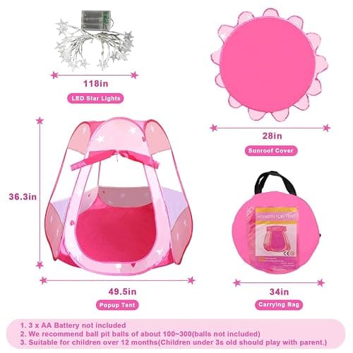 Pop Up Princess Tent with Colorful Star Lights for 1 2 3 Year Old Birthday Gift, 12-18 Months Baby Girl Toys, Foldable Ball Pit with Carrying Bag, Indoor&Outdoor Play Tent for Kids - Pink thumbnail 3