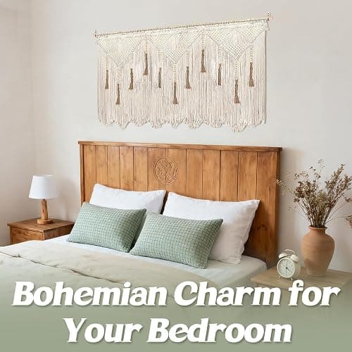 Extra Large Macrame Wall Hanging 70.8" × 39" Boho Tapestry Woven Decor- Cotton Tassel Curtain Beige Chic Bohemian Wall Art for Home Living Room Bedroom Dorm Wedding (Includes Rod) thumbnail 2