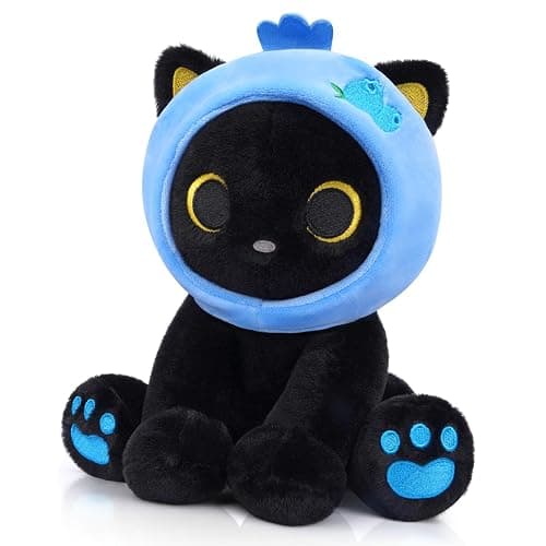 Hagusahuo Black Cat Plush,8inch Blueberry Cat Stuffed Animals for Kids Cartoon Cats Plush, Cute Kitten Stuffy Gift for Kids Girl Boys Toddler Birthday - Image 1