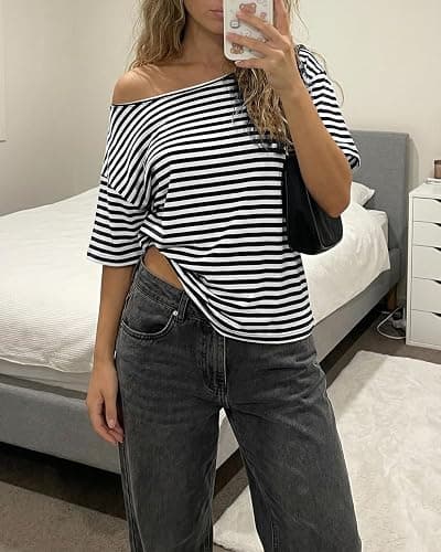 Cioatin Women Oversized Off Shoulder Striped Tee Tops Y2K Aesthetic Clean Fit Short Sleeve Tshirt Pullover Preppy Going Out thumbnail 2