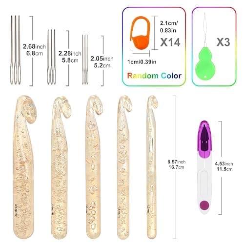 Vodiye 5 Sizes Large Crochet Hooks 12mm-25mm, Ergonomic Crochet Hook Set, Transparent Hooks for Chunky Yarn and DIY Crafts thumbnail 3