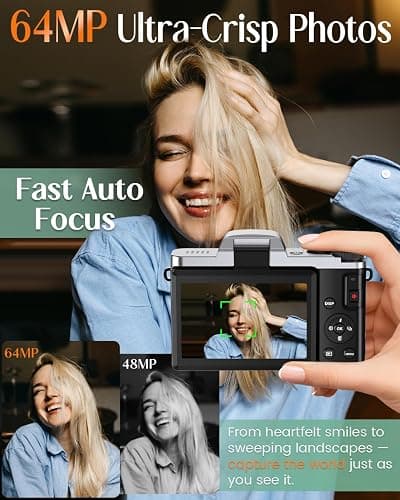 4K Digital Camera for Photography with WiFi,64MP Autofocus Vlogging Camera for YouTube,3'' 180° Flip Screen Compact Travel Camera for Teens with 32GB SD Card,16X Zoom,Anti-Shake,2 Batteries(Black) thumbnail 3