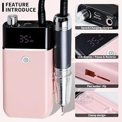 Moskany Professional Electric Nail Drill Kit Pink Portable Rechargeable Cordless Nail File Machine 35000 RPM with 7PCS Bits for Acrylic Gel Powder Nails Polish Pedicure Toenail Tool Salon Set thumbnail 3