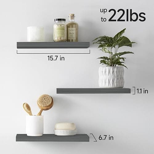 BAYKA Grey Floating Shelves for Wall, Wall Mounted Rustic Wood Shelves for Bathroom, Bedroom, Living Room, Kitchen,Small Hanging Shelf for Books/Storage/Room Decor (Set of 3, 15.7in) thumbnail 6