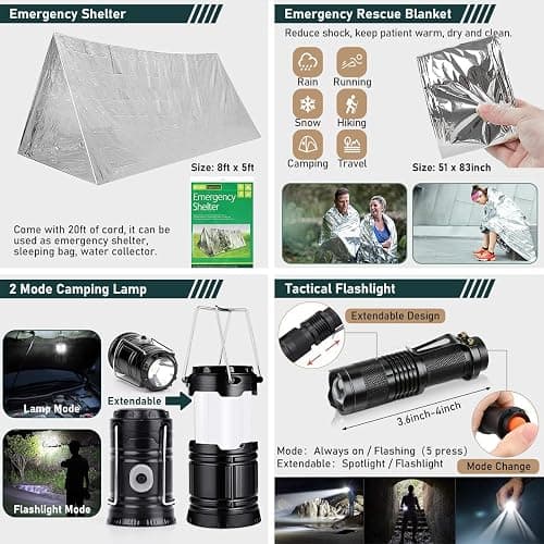 Survival Kit, 262Pcs Survival Gear and Supplies with First Aid Kit Pouch and Crossbody Bag, Emergency Kit with Tent, Camping Axe Hammer, Survival Shovel w/Pick, Bug Out Bag Gifts for Men Women thumbnail 5