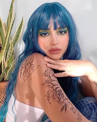 Netgo Teal Wig for Women, Dark Blue Wig with Bangs, Long Fluffy Curly Wavy Blue Hair Wigs for Girl Synthetic Daily Cosplay Party Wigs - Dark Blue thumbnail 2