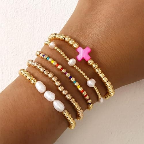 SHINUS BOHO 14K Gold Pearl Beaded Cross Bracelets Stack Set for Women,Stretch Boho Colorful Christian Beads Ball Jewelry Trendy Gift thumbnail 3
