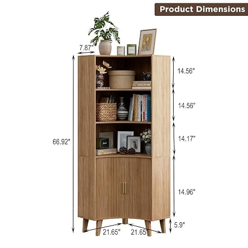 Vudanfe Tall Corner Cabinet with Fluted Doors, 5-Tier Coffee Bar Cabinet with Storage, Narrow Storage Cabinets with Adjustable Shelves, Bathroom Organizers and Storage for Small Space, Natural thumbnail 2