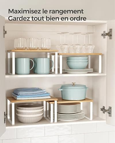 SONGMICS Étagère à Épices, Lot de 2, Organisateur de Placard, Étagère de Rangement de Cuisine Extensible, Porte-épices Empilable, Métal, Bois d’Ingénierie, Blanc Nuage et Beige Naturel KCS02NW thumbnail 4