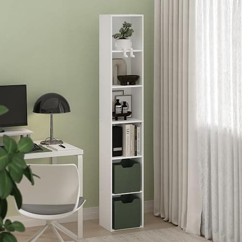 Furinno LUDER Book Shelf, 6-Tier Tall Modern Bookshelf, Bookcase with Open Shelves, 9.3 x 12 x 71, for Living Room, Bedroom, Home Office, White thumbnail 2