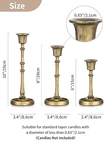 NUPTIO Cast Iron Taper Candle Holders, Set of 3 Antique Brass Candlesticks | Heavy Construction, Vintage Texture, Stable Candle Base, Fireplace Mantel, Table Decor thumbnail 3