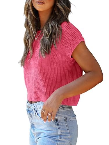 LCXWFE Womens Summer Cropped Sweater Vest Trendy Cap Sleeve Crop Tops Crew Neck Loose Knit Tank Top thumbnail 3