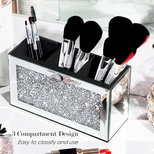 SHYFOY Mirrored Makeup Brush Holder Organizer, 3 Slot Glass Cosmetics Brushes Storage Holders with Crystal Crushed Diamond, Cute Pen and Pencil Holder for Desk, Eyeliners Display Case for Vanity thumbnail 3