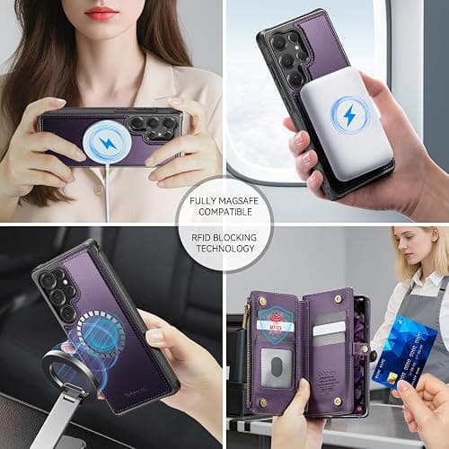 Defencase for Samsung Galaxy S25 Ultra Magnetic Wallet Case Compatible with Magsafe with RFID Blocking Zipper & Card Holder Women, PU Leather Detachable Phone Case for Galaxy S25 Ultra 6.9", Purple thumbnail 4