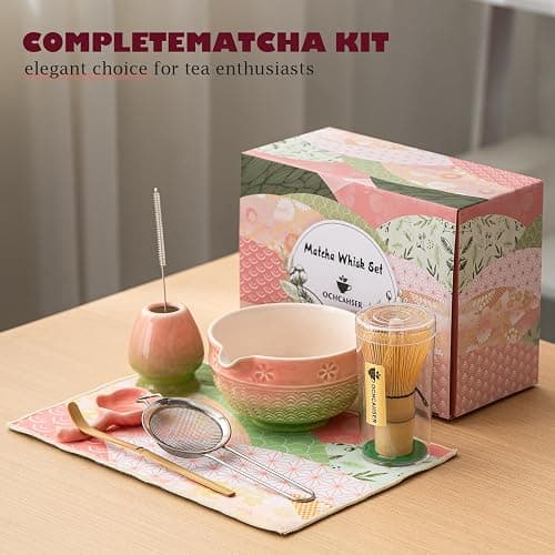 Matcha Tea Set, 8 Pcs Japanese Matcha Kit with Cherry Blossom and Wave Design Ceramic Bowl, Bamboo Whisk, Whisk Holder, Scoop, Sifter, Brush, Matcha Kit Set for Matcha Lovers (Pink-Green) thumbnail 5