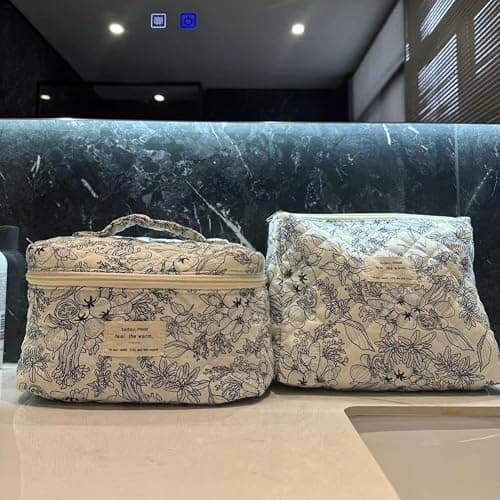 Aucuu Beauty Case, 3 Pieces Floral Large Capacity Makeup Bag, Quilted Toiletry Bag, Soft Cotton Travel Beauty Case, Large Quilted Toiletry Bag Makeup Bag Organizer, #5 Dark Blue Flowers, 3PCS thumbnail 6