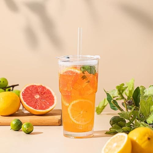 20oz Glass Tumblers with Lids and Straws, Set of 2 - Stylish Ribbed Design Drinking Glasses for Iced Coffee Cups, Juice, Smoothies, Cold Beverages, Includes Cleaning Brush, Durable Glassware thumbnail 5