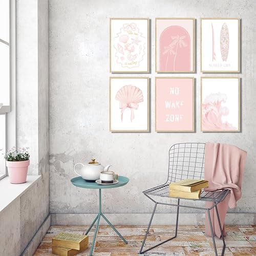 6pcs Pink Coastal Beach Preppy Wall Art Surfer Girl Bow Shells Aesthetic Painting Picture Wall Decor No Wake Zone Poster Print Artwork for Bedroom Bathroom Living Room Preppy Dorm Home Decoration - Poster - 10L"x8W" thumbnail 7