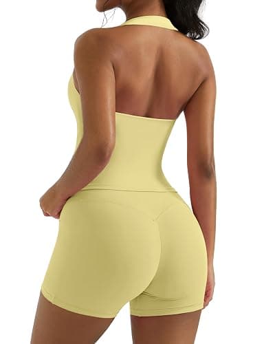 OMKAGI 2 Piece Workout Sets for Women Halter Sports Bra Tank Gym Biker Shorts Outfits - Image 1