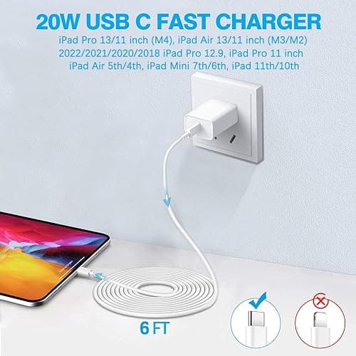 USB C Fast Charger for Apple iPad Pro 13/12.9/11 in 2025-2018,iPad 11th(A16),iPad Air 5th/Mini 7th,iPhone 17/16/15 Series,USB C Charger Fast Charging Adapter Wall Block with 6FT USBC to C Cable Cord thumbnail 2