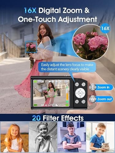 Digital Camera,4K Autofocus Point and Shoot Digital Camera with 32GB Card,48MP Portable Compact Camera Photography for Teens Adult Beginner with 16X Zoom,Anti-Shake,2 Batteries(Black) thumbnail 4