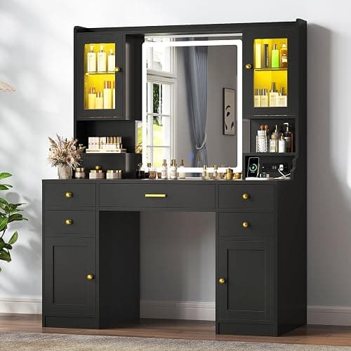 CSZZD Makeup Vanity Desk with Mirror and Lights, Black Vanity Table Set with Charging Station, Dressing Table with RGB Cabinets, Makeup Vanity Mirror with Light Desk and Drawers, 3 LED Light Modes thumbnail 8
