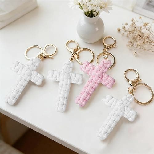 Set of 2: pink and white. Hand-woven cross keychain, soft to the touch, carrying the name of Jesus—Christian car charm and Bohemian ornament in one, a handmade gift for her and for him. thumbnail 3