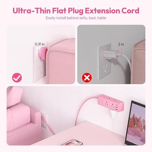 NTONPOWER Pink Extension Cord 10 ft, 1080 Joules Surge Protector Power Strip with 6 Widely Outlets 3 USB (1 USB C), Flat Plug Extension Cord Power Strip Long Cord for Home Office Dorm Room Essentials thumbnail 4
