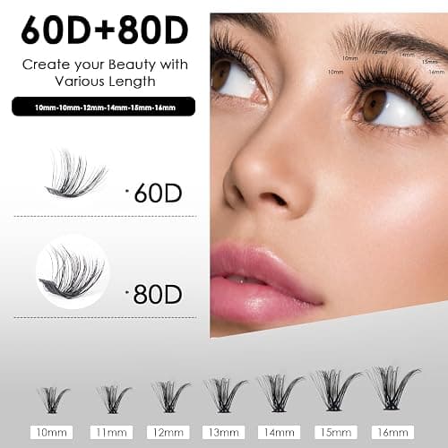 Individual-Lashes 320PCS 60D+80D DIY Lash Extension Kit with Bond and Seal 10-16mm MIX Fluffy False Eyelashes with Glue and Eyelash Applicator, Look Like Eyelash Extension at Home(60D+80D-0.07D) thumbnail 4