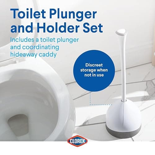Clorox Toilet Plunger with Hideaway Holder Caddy Heavy-Duty Compact Design with Non-Skid Rubber Base for Bathroom Convenient Storage Toilet Unclogger, 6.5x19.5-Inch, White thumbnail 6