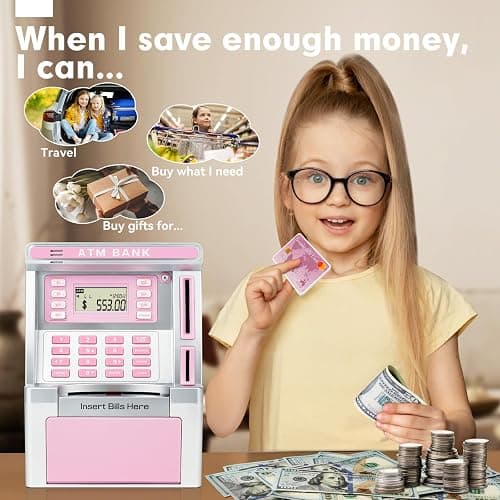 Pink Piggy Bank for Kids, ATM Machine Bank for Real Money with Debit Card, Bill Feeder, Coin Recognition, Balance Calculator, Electronic Savings Safe Box, Gifts for Teen Boy Girl thumbnail 5