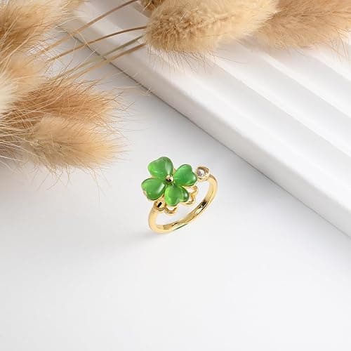 Rotatable Four Leaf Clover Open Rings Adjustable Jade Rings for Women Dainty Good Luck Clover Jewelry for St Patrick’s Day thumbnail 6