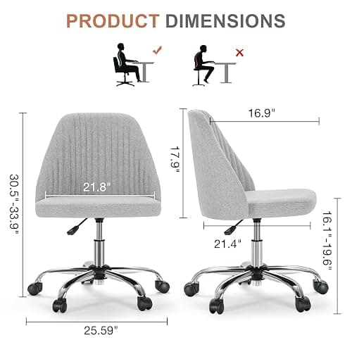 DUMOS Home Office Chair, Comfy Desk Chair with Rolling Wheels | Armless Height Adjustable, Wide Seating, Vanity Swivel Task, Bedroom Student Adults, Classic Grey thumbnail 2