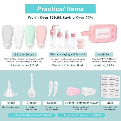 18 Pcs Travel Bottles for Toiletries Gym TSA Approved, Leak Proof with Bandage Silicone Squeezable 3oz for Toner Shampoo Conditioner Lotion Body Wash with Funnel Toothbrush Cover Tag and Wash Bag thumbnail 5