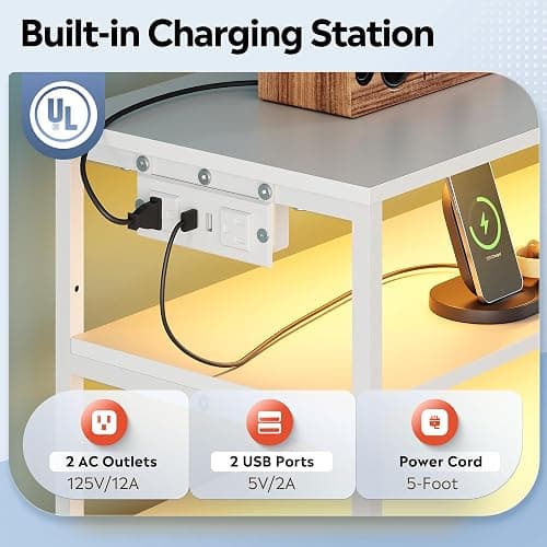 WLIVE White TV Stand for 40, 45 inch TV, Entertainment Center with LED Lights & Charging Station, TV Media Console Table with 6 Fabric Drawers and Open Shelves for Living Room, Hallway, Wood Top thumbnail 4