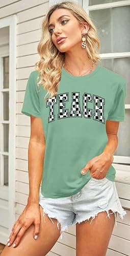 PICKID Teacher Shirts Women: Checkered Teach Printed T-Shirt Graphic Teaching Gifts Tees Casual Short Sleeve Tops thumbnail 5