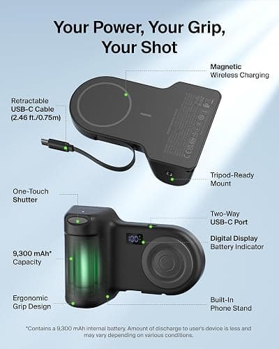 Belkin Stage Powergrip, Magnetic Wireless Charging Camera Grip 9300mAh, Power Bank w/Retractable USB C Cable, Bluetooth, Tripod Attachment, LCD Screen, Portable Charger for iPhone, Google Pixel, etc. thumbnail 3