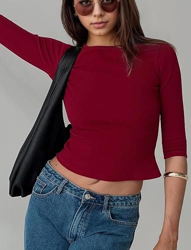 calbatic Women Ribbed Knit Half Sleeve T Shirts Crew Neck Slim Fit Basic Tees 2025 Spring Summer Casual Going Out Tops thumbnail 2