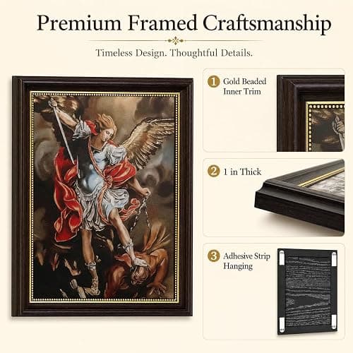St Michael Archangel Framed Wall Art - Saint Michael Defeating Satan Painting - Catholic Religious Wall Decor for Bedroom Living Room Church, Vintage Christian Angel Canvas Print with Gold Trim Framed thumbnail 3