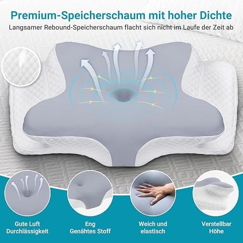 botatio Memory Foam Kissen Ergonomisches Nackenkissen Kopfkissen, Memory Foam Pillow Kopfkissen für Seiten, Orthopädisches Kissen Rücken & Bauchschläfer zur Verbesserung 62x41x13/11 cm, Grau-Weiß thumbnail 6
